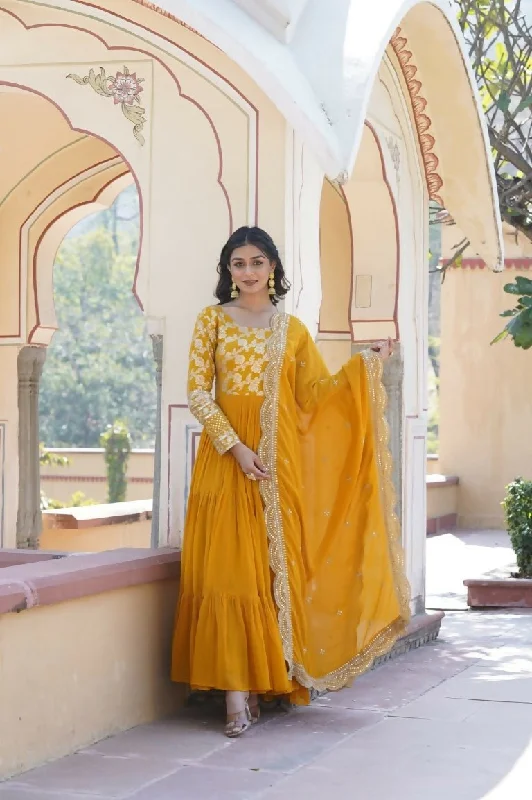Aastha Fashion Women's Yellow Faux Georgette Jacquard with Sequins Embroidered Anarkali Dress with Dupatta Tunics Handmade artisanal Aastha Fashion Women's Yellow Faux Georgette Jacquard with Sequins Embroidered Anarkali Dress with Dupatta Tunics Handmade artisanal