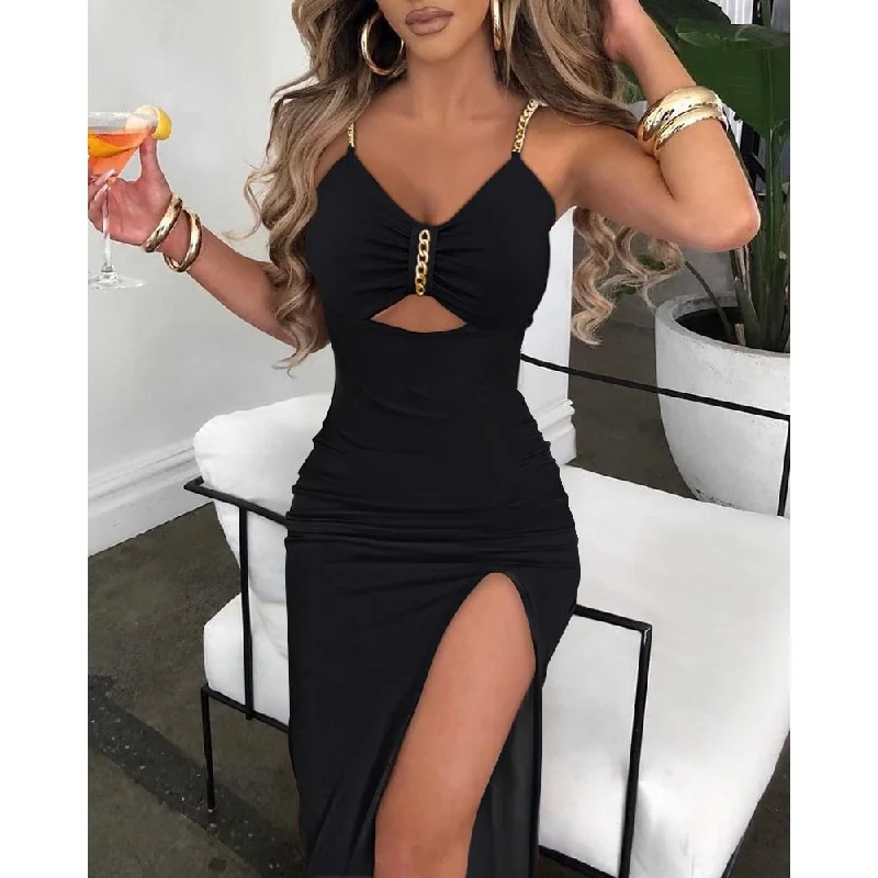 V-Neck Chain Décor Cutout High Slit Dress Boatneck Modish Everyday