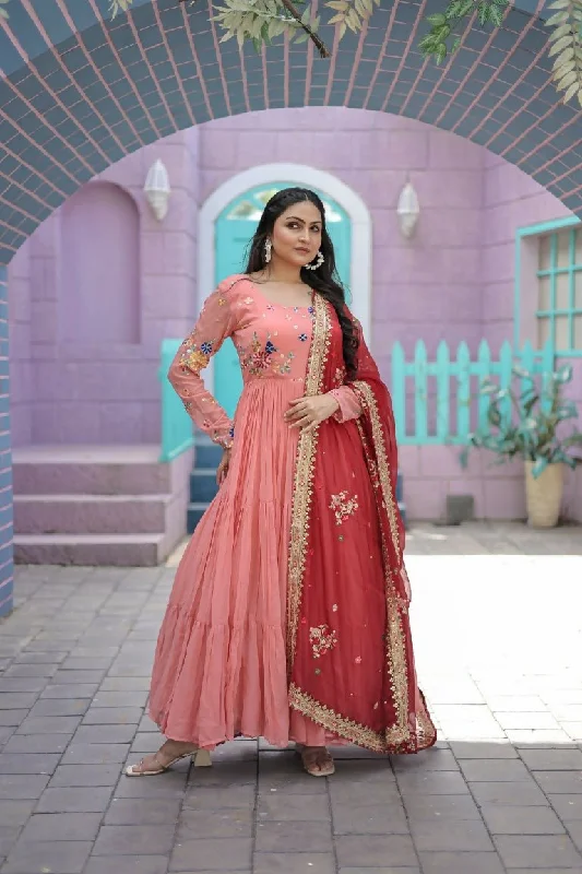 Aastha Fashion Women's Peach Faux Georgette Thread Embroidered Anarkali Dress with Dupatta Tunics Fleece cozy