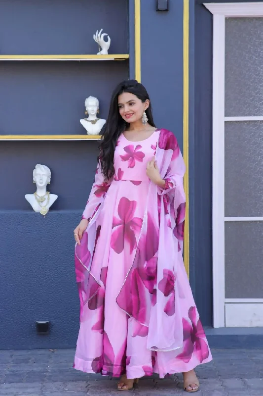 Aastha Fashion Women's Pink Tebby Silk Floral Printed Anarkali Dress with Dupatta Tunics Prom sequined Aastha Fashion Women's Pink Tebby Silk Floral Printed Anarkali Dress with Dupatta Tunics Prom sequined