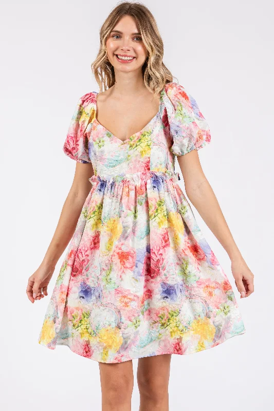 Multi-Color Floral V-Neck Short Puff Sleeve Ruffle Waist Dress Tunics Sale discount