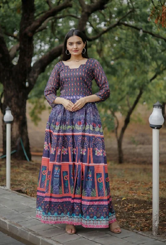 Aastha Fashion Women's Multicolor Pure Chanderi Digital Printed Anarkali Dress Maxi Flowy Bohemian