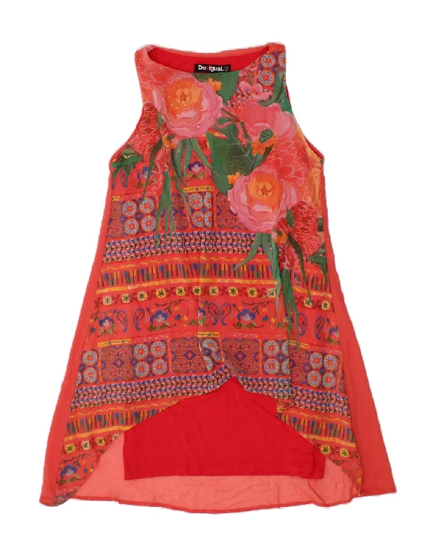 DESIGUAL Womens Sleeveless Tunic Dress UK 14 Large Red Floral Polyester Tunics Short Trendy