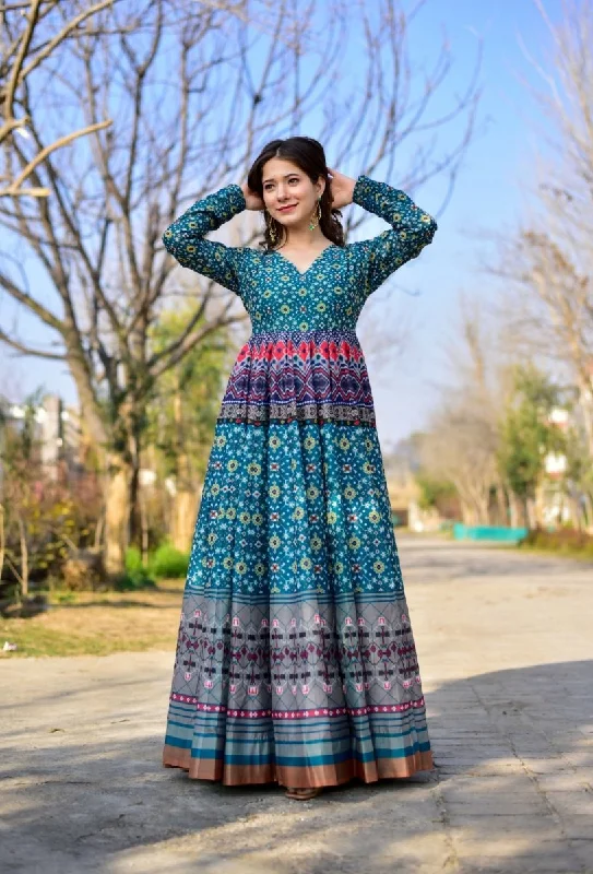 Aastha Fashion Women's Teal Chanderi Cotton Digital Printed Anarkali Dress Tunics Chic elegant Aastha Fashion Women's Teal Chanderi Cotton Digital Printed Anarkali Dress Tunics Chic elegant
