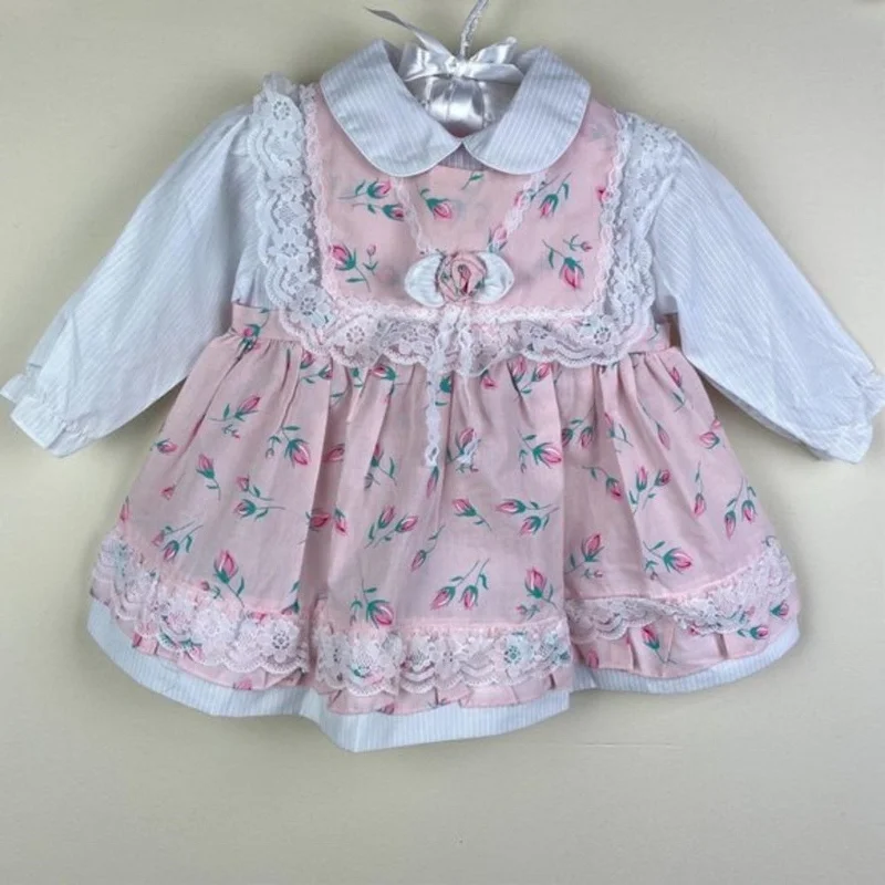 Vintage Girls Pink Floral Lace Dress 12 Months Turtleneck Neckline Stylish
