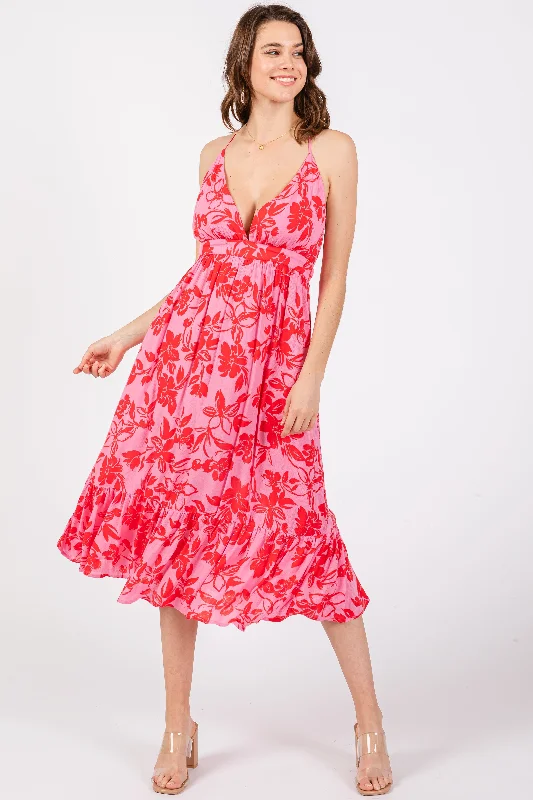 Pink Floral Print Halter Dress Tunics Office stylish