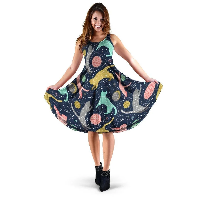 Space Cat Print Dress Maxi Flowy Bohemian