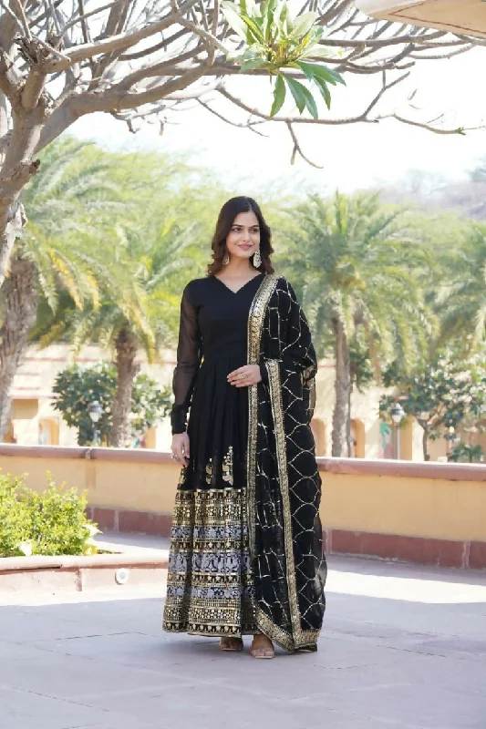 Aastha Fashion Women's Black Faux Georgette Sequins Embroidered Anarkali Dress with Dupatta Tunic Top Casual