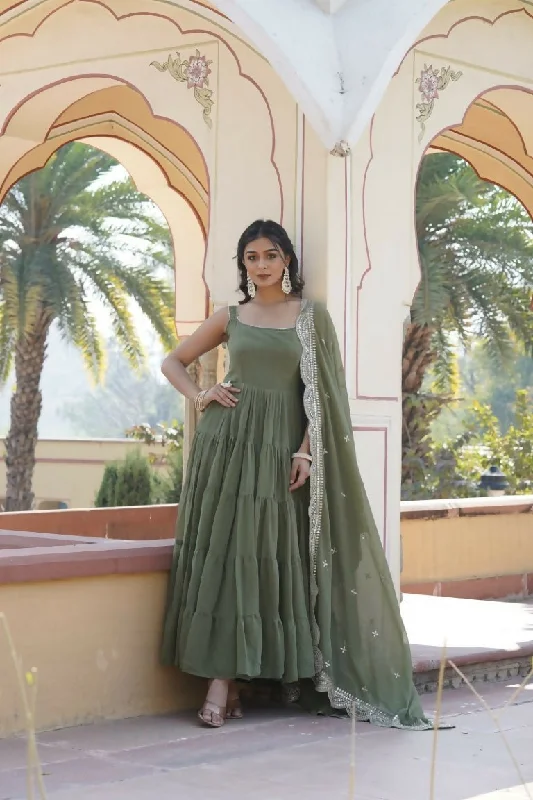 Aastha Fashion Women's Mehendi Faux Georgette 5 Layer Frill Work Anarkali Dress with Dupatta Tunics Versatile functional Aastha Fashion Women's Mehendi Faux Georgette 5 Layer Frill Work Anarkali Dress with Dupatta Tunics Versatile functional