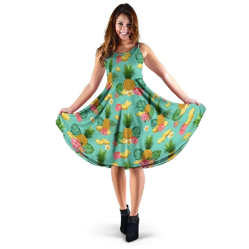 Slice Tropical Pineapple Print Dress Crew Neckline Sporty