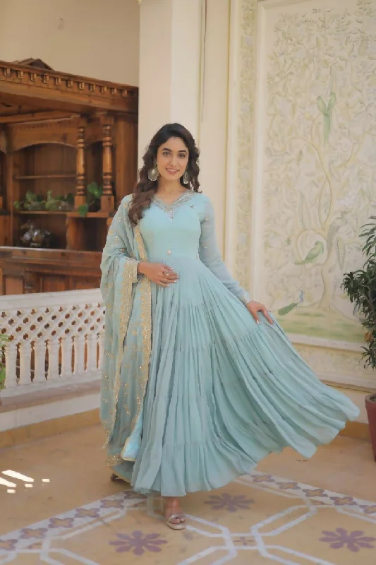 Aastha Fashion Women's Sky Blue Faux Georgette Sequins Embroidered Anarkali Dress with Dupatta Tunics Winter warm