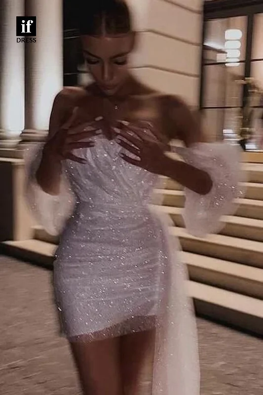 F1505 - Saprkly Strapless Full Sequins Pleats Puff Sleeve Tight Homecoming Party Dress Tunics Luxurious high-end