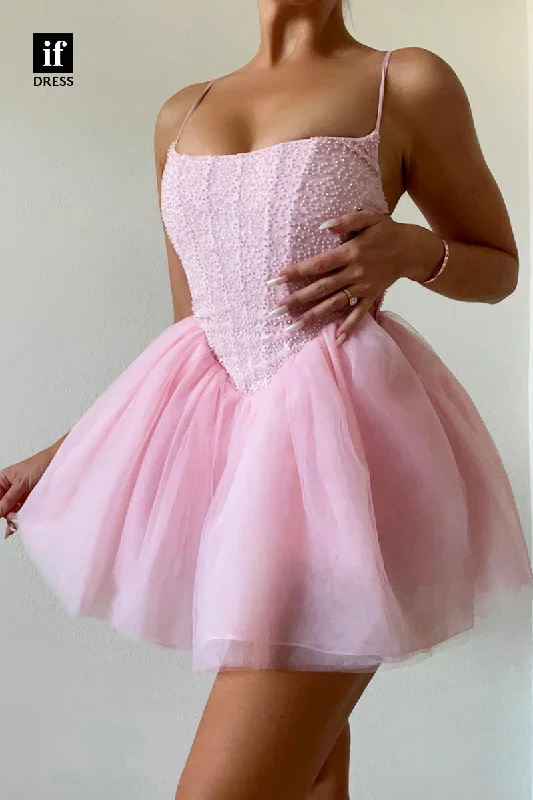 F1571 - Stunning Scoop A-Line Beads Short Cocktail Homecoming Party Dress Square Neckline Feminine