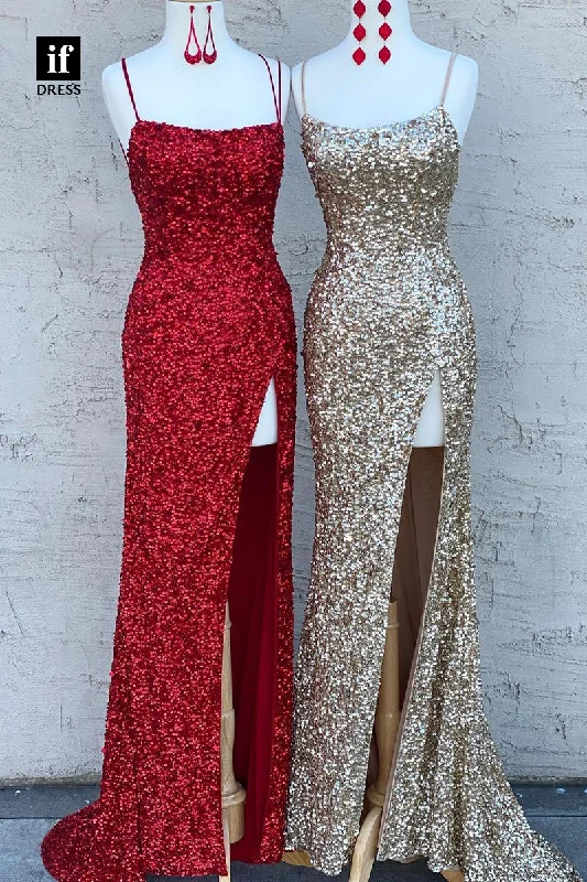 34054 - Sexy Spaghetti Straps Side Split Sequined High Slit Prom Party Dress Tunics Luxurious premium 34054 - Sexy Spaghetti Straps Side Split Sequined High Slit Prom Party Dress Tunics Luxurious premium