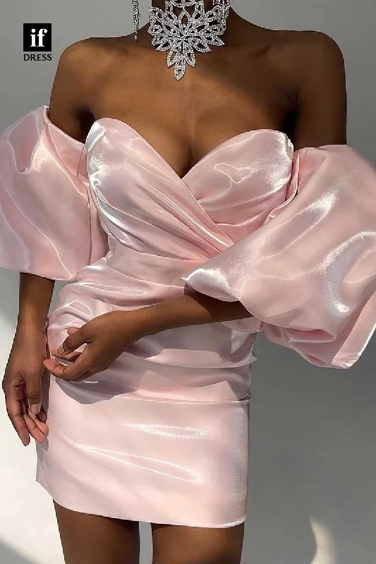 F1893 - Sweet Off-Shoulder Puff Sleeves Tight Cocktail Homecoming Party Dress Crew Neckline Sporty