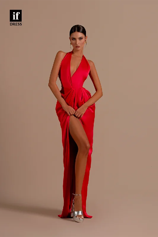 34182 - Sexy Halter V-Neck Sleeveless High Slit Prom Evening Party Dress Turtleneck Warm Winter