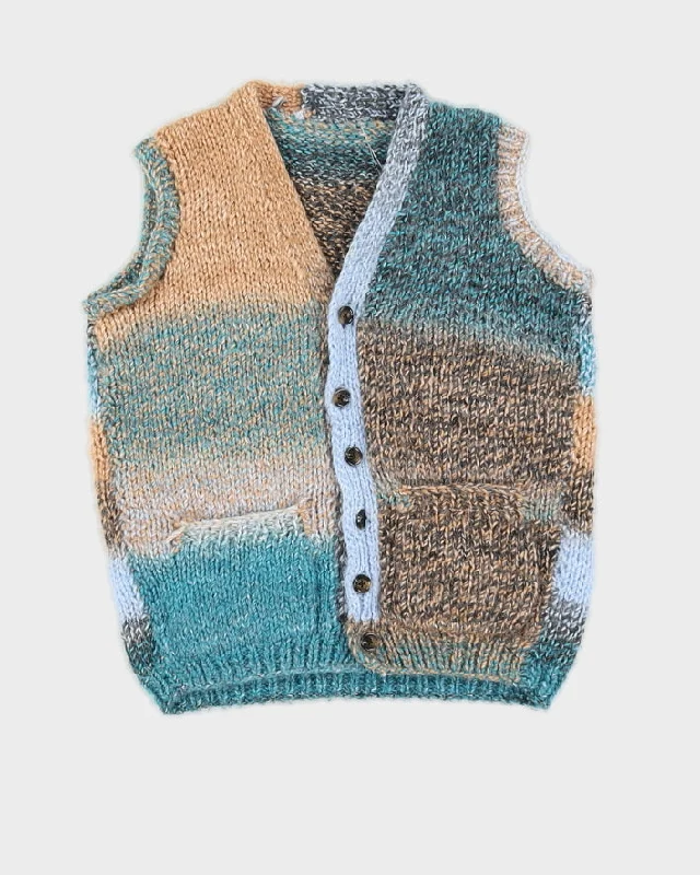 Vintage Beige & Blue Sleeveless Knit Cardigan - S Patchwork Embroidered Appliqued