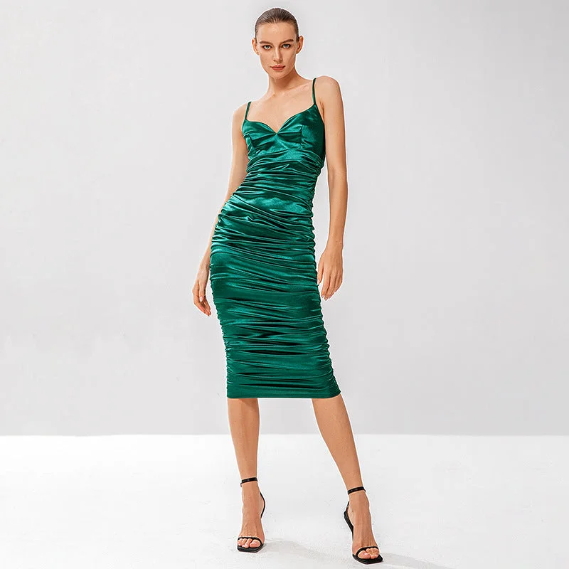 2022  New Satin Satin Bandeau Sexy Waist-Slimming Long Dress Pleated Suspender Dress Party Dress Turtleneck Neckline Stylish