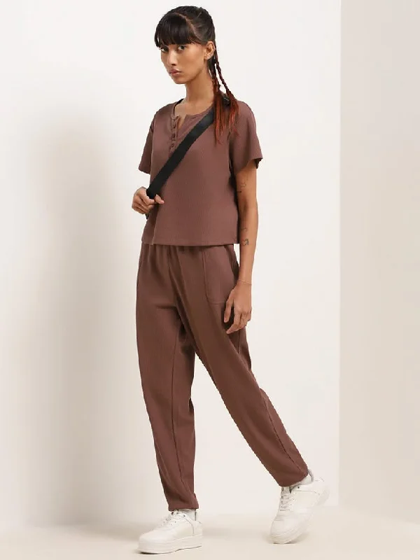 Superstar Brown High-Rise Textured Pants Soft Stretch Trousers