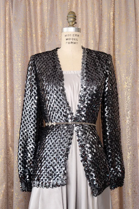 Gunmetal Sequined Knit Jacket S/M Herringbone Jacket Checkered Jacket Solid Jacket