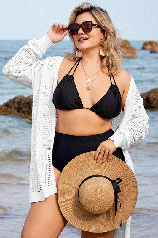 HN Women Plus Size Hollowed-out Cardigan Long Sleeve Open Front Knitwear Tailored Straight A-Line