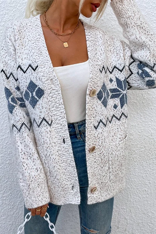 WOMEN WINTER SNOWFLAKE PRINTING BUTTONED CARDIGAN Fitted Loose Oversized