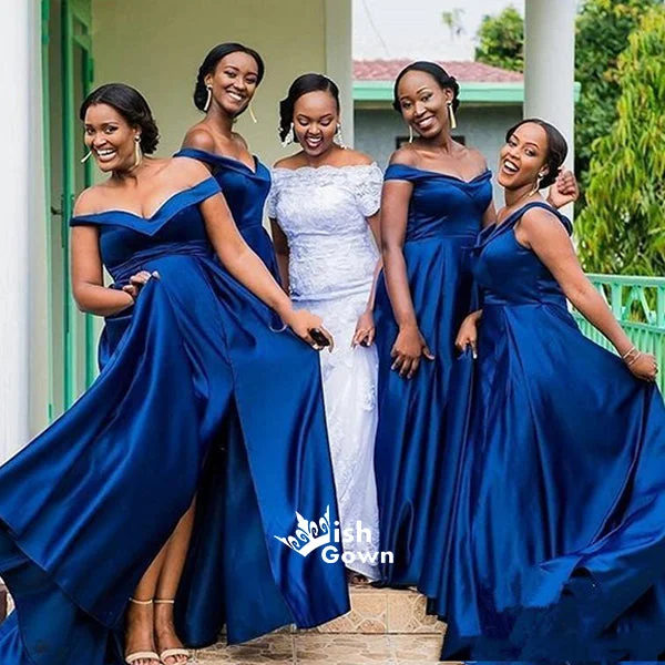 Elegant Royal Blue Off Shoulder Satin A-line Long Bridesmaid Wedding Party Dresses, WG413 Turtleneck Warm Winter