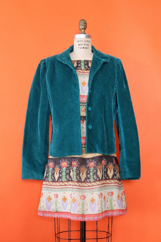 Teal Cord Boxy Jacket S/M Cardigan Sweater Pullover