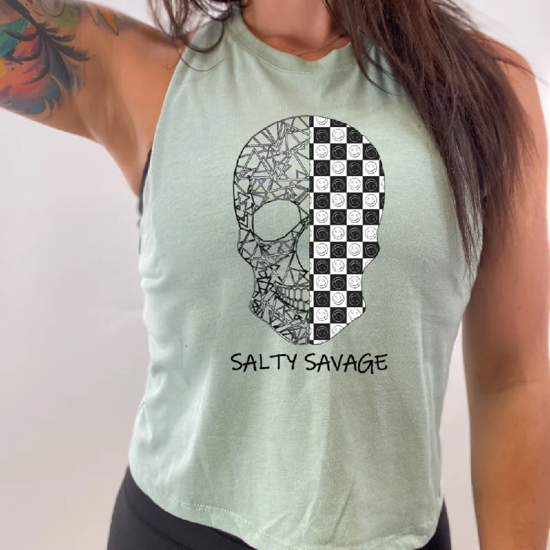 Salty Savage Ladies “Spliced Checkered Geo Skull” Flowy Racerback Crop Tank | Black & White off shoulder tank