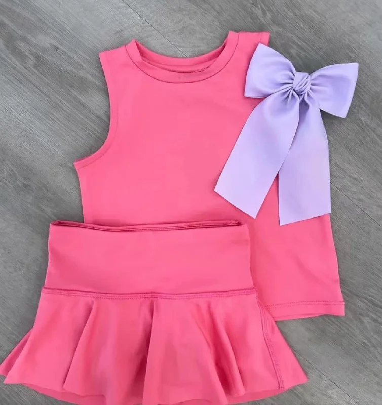 preorder GSD2243 Yoga outfit Pink Sleeveless top skirts shorts 2 pieces set Girls Boutique outfit 202503 lace skirt feminine