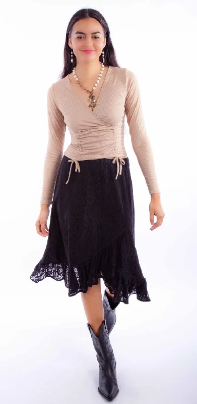 Scully Womens Faux Wrap Black Cotton Blend Skirt XL ribbed skirt waist