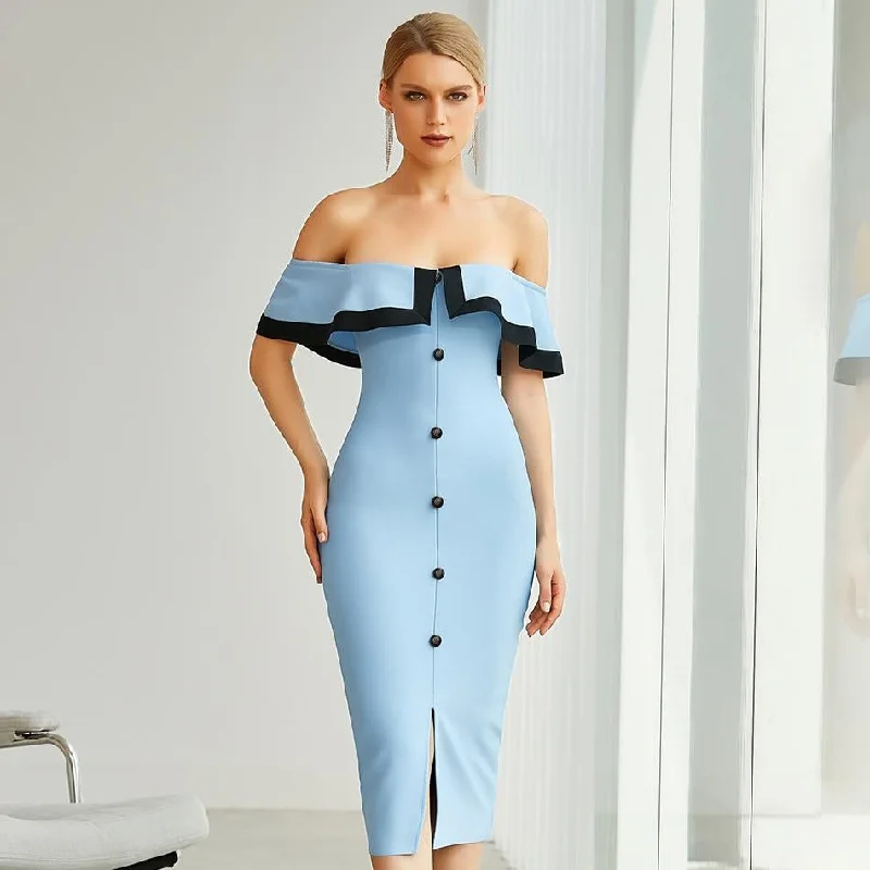 Off Shoulder Buttons Blue Bodycon Celebrity Evening Runway Party Dress sweetheart Neckline Romantic
