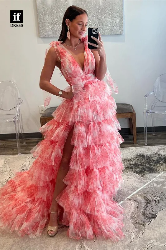 31839 - A-Line V-Neck Sweet Print Tiered Tulle Long 2024 Prom Party Dress with Split Tunics Business professional