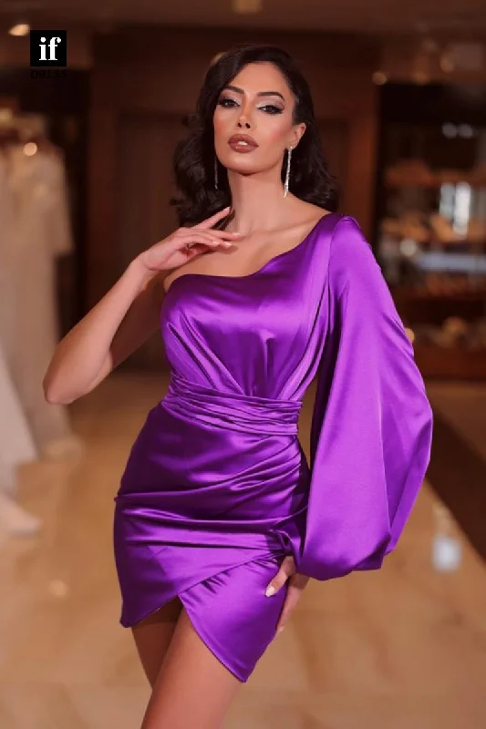 F1868 - Classy One Shoulder Pleats Long Sleeves Short Cocktail Homecoming Party Dress Tunics Sophisticated sleek F1868 - Classy One Shoulder Pleats Long Sleeves Short Cocktail Homecoming Party Dress Tunics Sophisticated sleek
