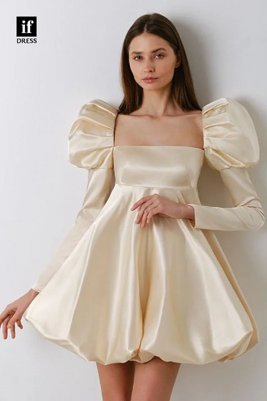 F1706 - Elegant Long Sleeves A-Line Ruched Satin Short Cocktail Homecoming Party Dress Tunics Versatile functional