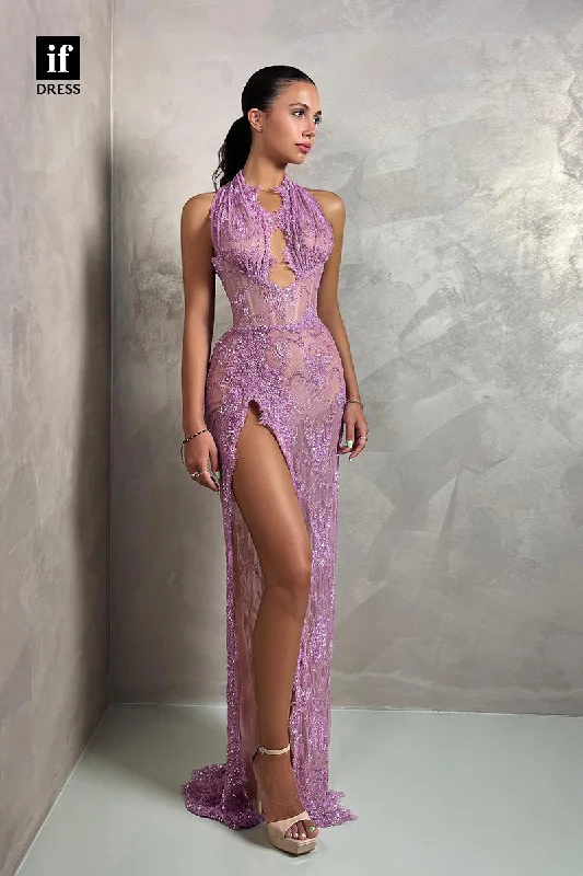 34777 - Glamorous Halter Side Slit Lace Appliques Sleeveless Prom Party Dress Tunics Mesh breathable
