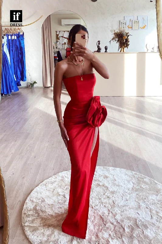 34816 - Unique Strapless Scoop High Slit Flower Sleeveless Prom Party Dress A-Line Day Work