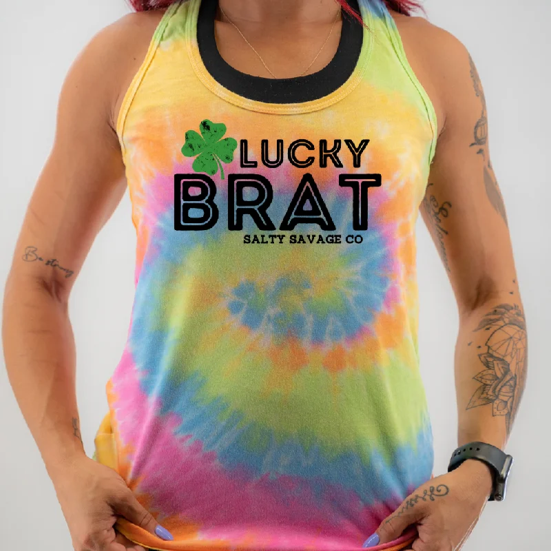 Ladies “LUCKY BRAT” Racerback Tank baby blue tank