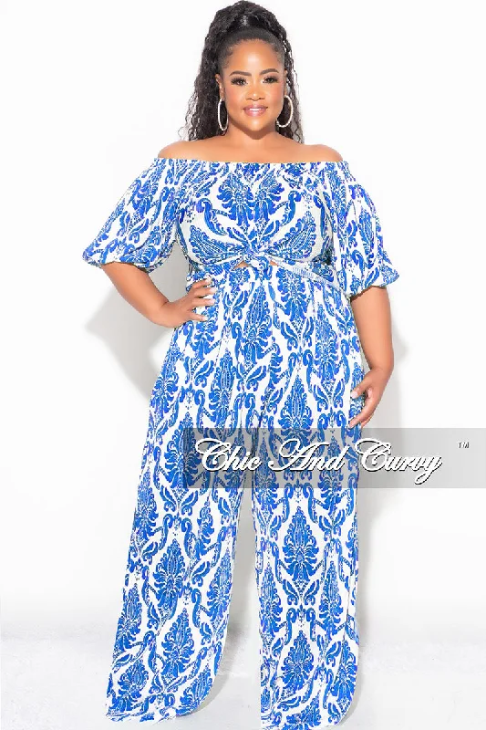 Final Sale Plus Size Off the Shoulder Pleated Tie Top and Palazzo Pants Set in Royal Blue and White Stylish Paperbag Waist Pants