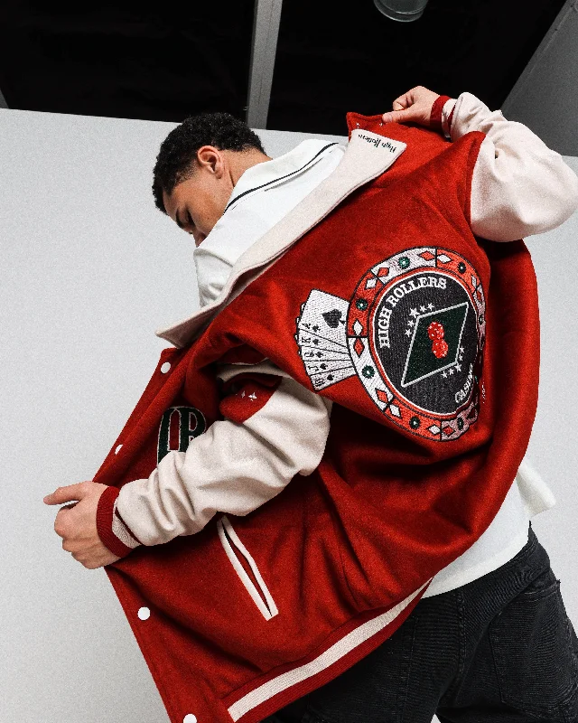 International Collective All In Varsity Jacket Red Boat Neck Shawl Collar Notched Collar