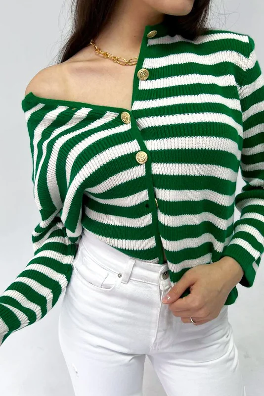 Female Striped Bike Collar Homeland Gold Button Detailed Knitwear Cardigan Open Front Closed Front Wrap Front