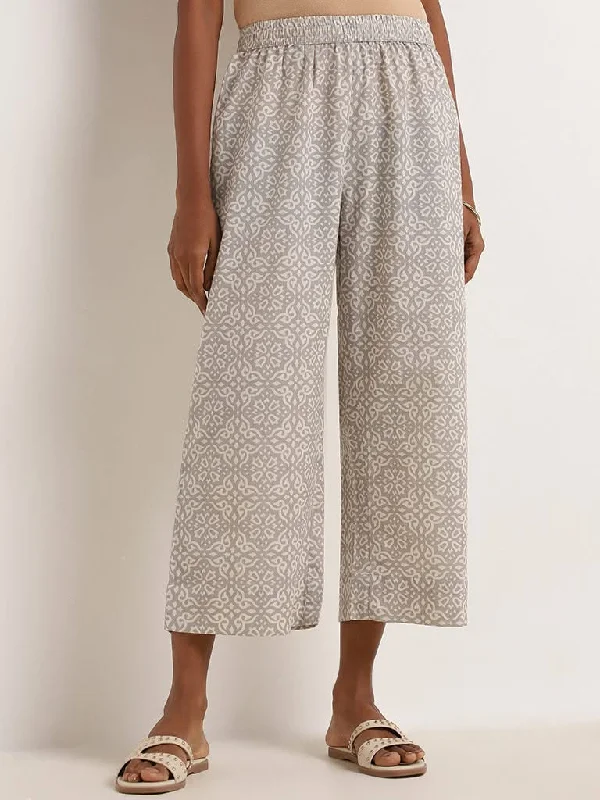 Utsa Grey Printed Blended Linen Wide-Leg Pants Comfy High-Waist Jeans