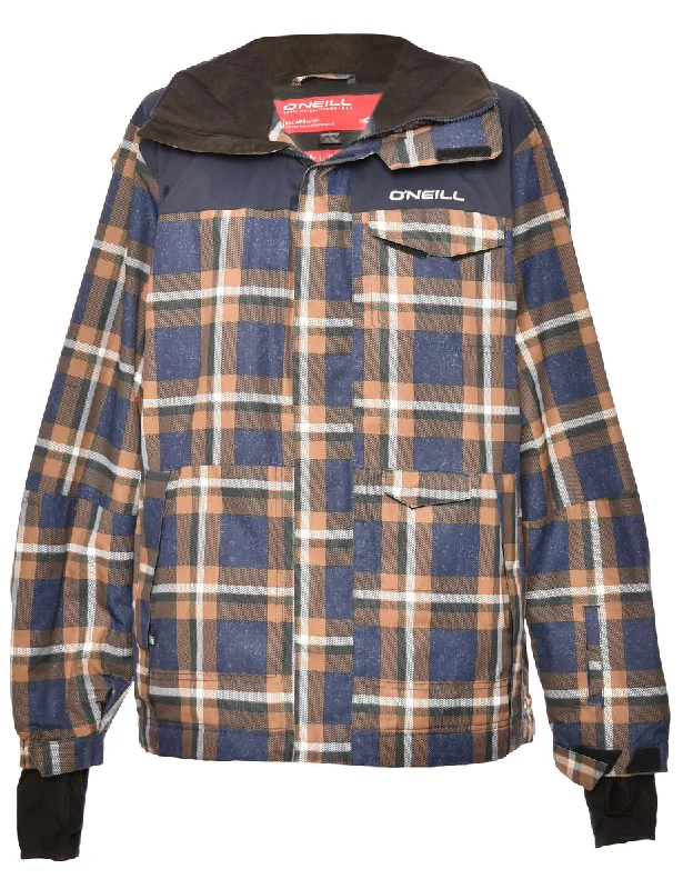 Checked Navy & Coral O'Neill Mountaineering Jacket - L Zip Front Button Front Snap Front