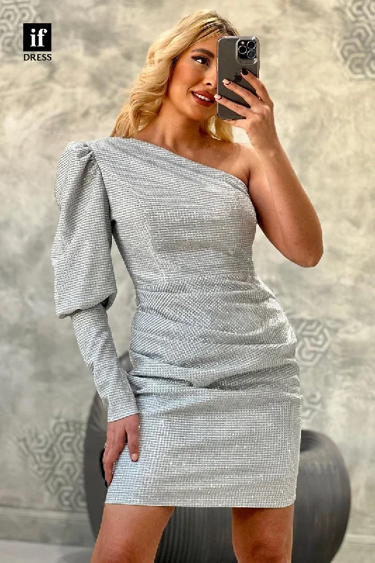 F1760 - Sheath/Column One Shoulder Long Sleeves Short Cocktail Homecoming Party Dress Glittery Long Formal