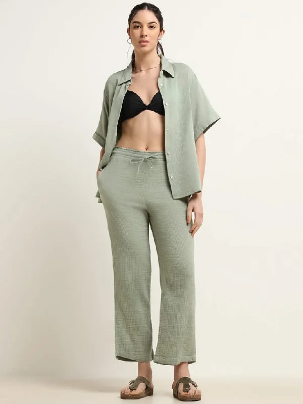 Wunderlove Green Cotton Crinkled Relaxed Beach Pants Casual Drawstring Pants