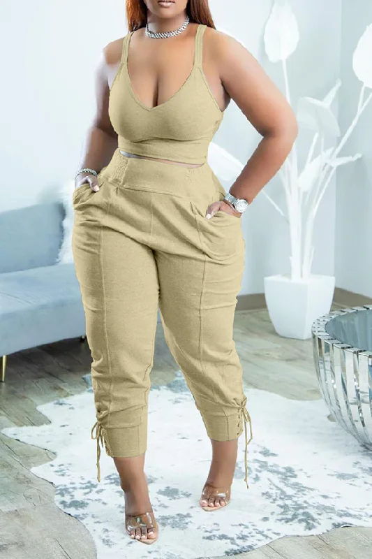 V-Neck Vest & Drawstring Pant Set Classic Bootcut Trousers
