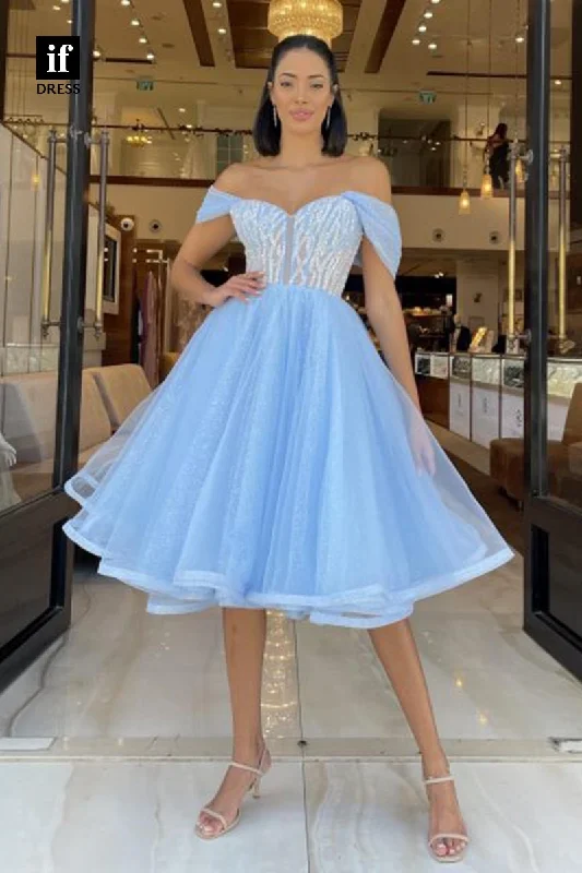 F1882 - Adorable Off-Shoulder A-Line Knee-Length Prom Cocktail Homecoming Party Dress Pleated Skirt Elegant