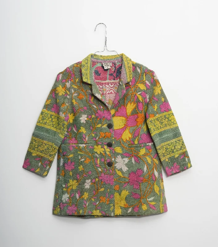 Green Vintage Cotton Kantha Jacket For Kids Fitted Jacket Loose Jacket Oversized Jacket