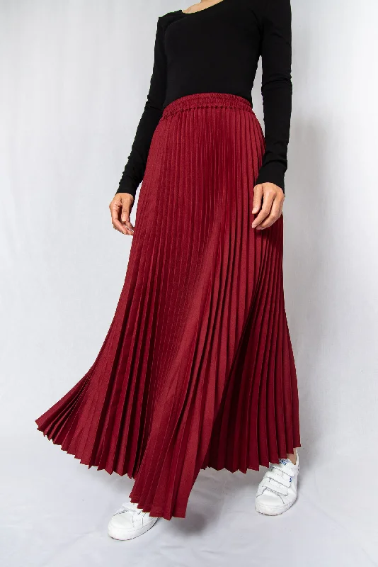 Red Loose Pleated Maxi Skirt ribbed skirt waist