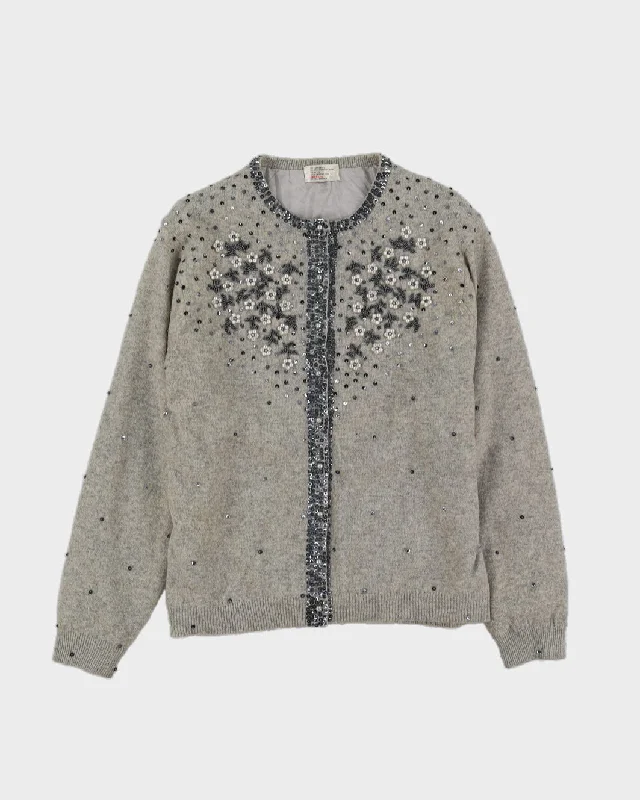 Grey Beaded Knitted Cardigan - M Front Pockets Side Pockets Patch Pockets